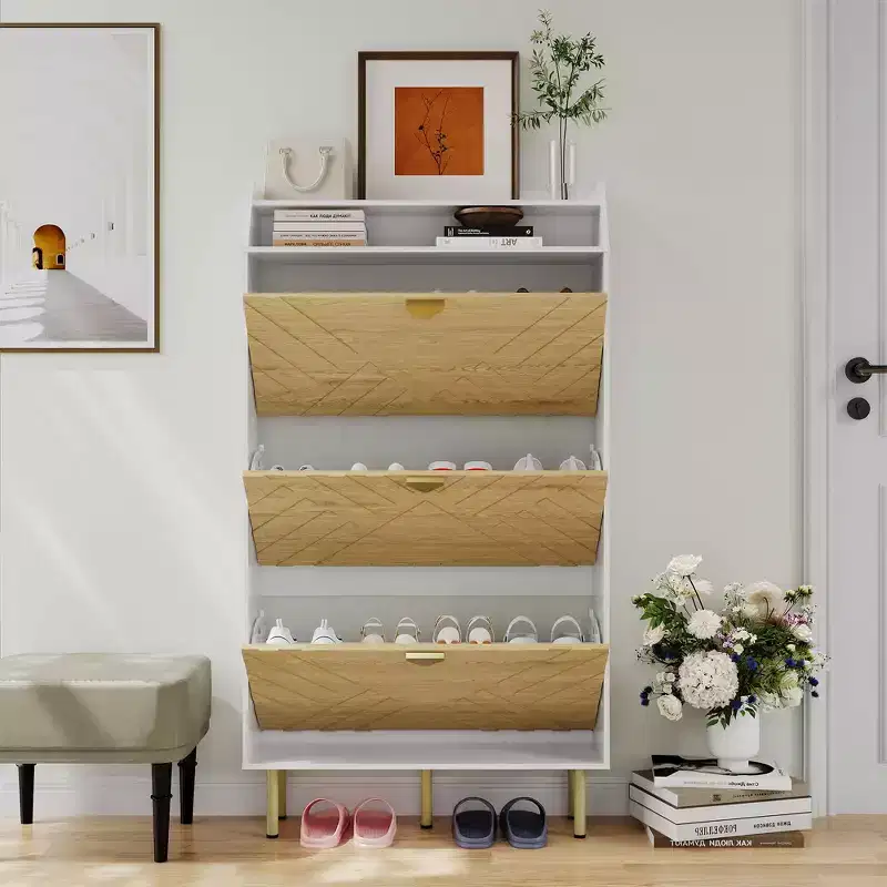 Wood Color Shoe Cabinet, Slim 3-Drawer Shoe Storage Organizer, Adjustable Hidden Entryway Rack, Freestanding Space Saving Shoe Shelf for Bedroom