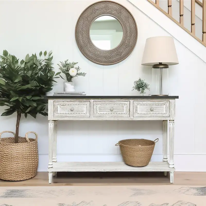Farmhouse Distressed Wood and Metal 3-Drawer Console Table
