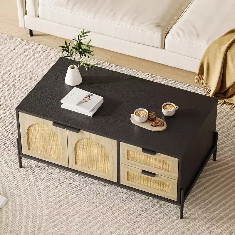 Coffee Table, 103,9 cm Modern Coffee Table with Storage - Rattan Accent Living Room Table 2 Drawers/Doors (Farmhouse/Metal Legs)