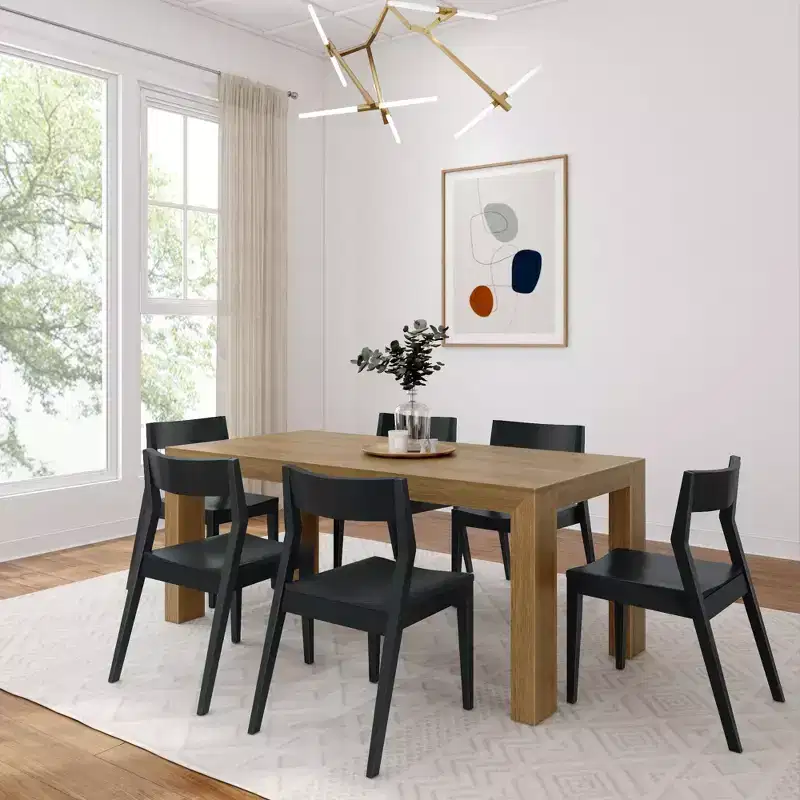 Plank+Beam 72 Modern Solid Wood Dining Table Set, Black Wirebrush, + 6 Chairs