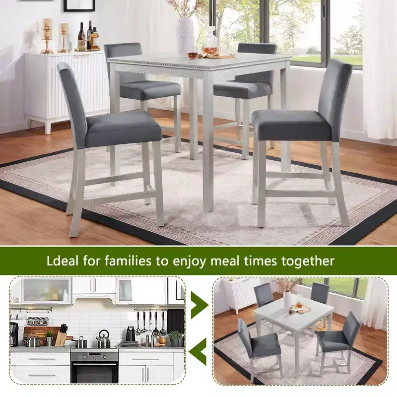 5 Piece Counter Height Table Set with Square Table and 4 Upholstered Chairs, Counter Height Dining Table with Crystal Decoration and Chair Set