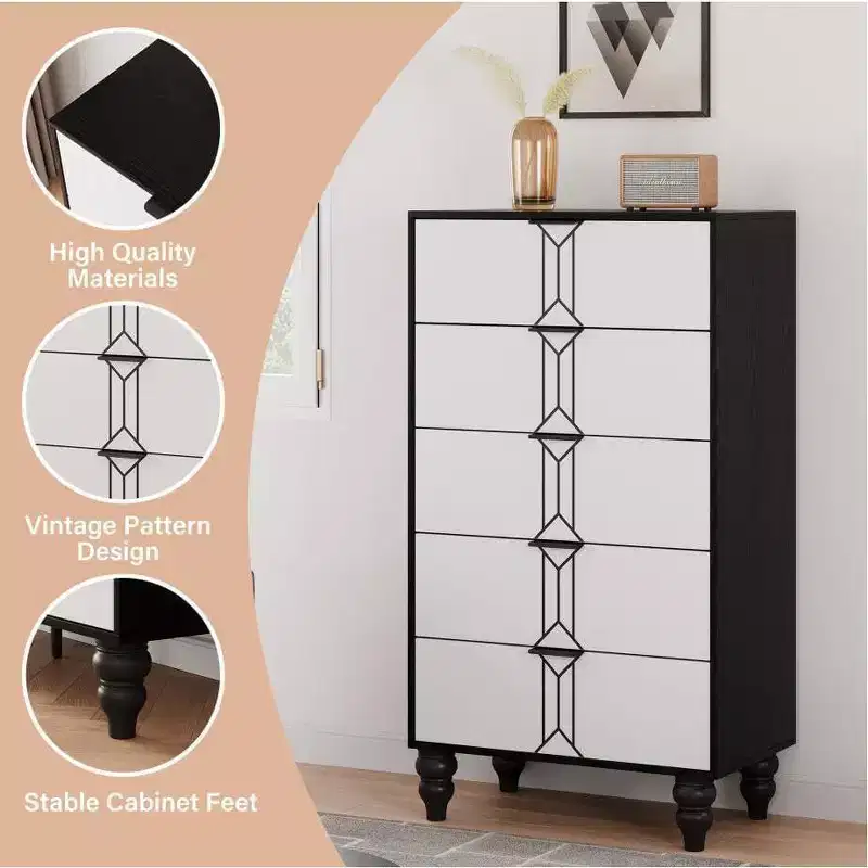 5 Drawers Dresser, Modern Wooden Tall Dresser with Deep Drawers, Storage Cabinet for Bedroom, Living Room, Hallway, Entryway, Black and White