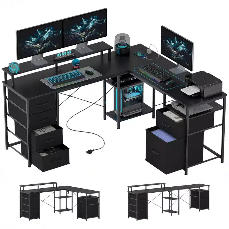 66-Inch Reversible L-Shaped Desk with File Drawer, Power Outlet, LED Light, Monitor Shelf and CPU Stand