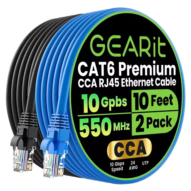 GEARit Cat6 Ethernet Patch Cable (2-Pack) - CCA Network Cord - UTP, Black & Blue