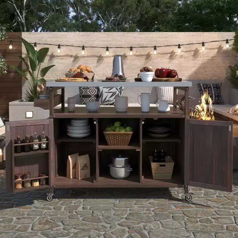JVNOXK Farmhouse-Style Outdoor Kitchen Mobile Island with Storage Cabinets, Stainless Steel Countertop, Suitable for Kitchens, Dark Brown