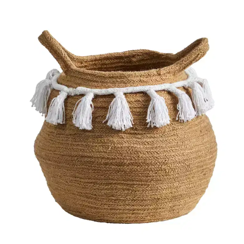 Nearly Natural 11-in Boho Chic Handmade Natural Cotton Woven Basket Planter with Tassels