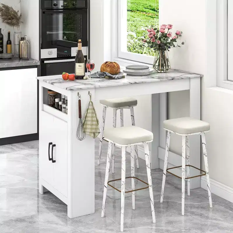 Costway 47 Long Counter Height Table Bar Table Faux Marble Pub Table w/ Cabinet