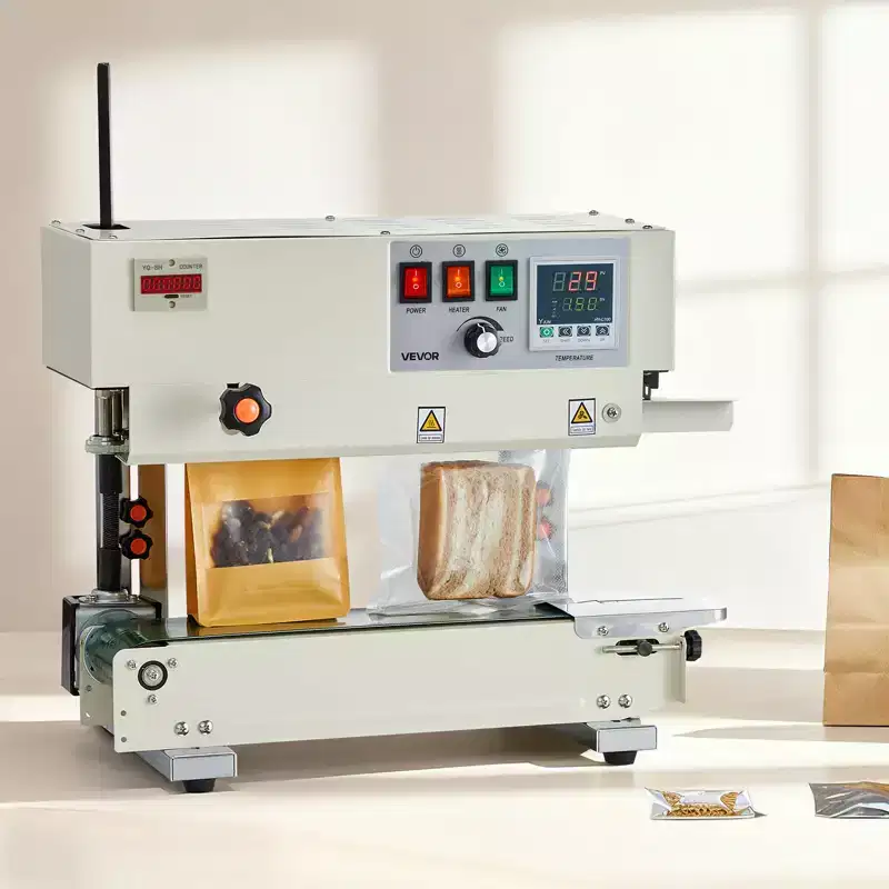 VEVOR Continuous Bag Band Sealing Machine, 0.24-0.47 in Seal Width, Vertical Band Sealer Machine with Roller Printing , Temp&Speed Adjustable, White