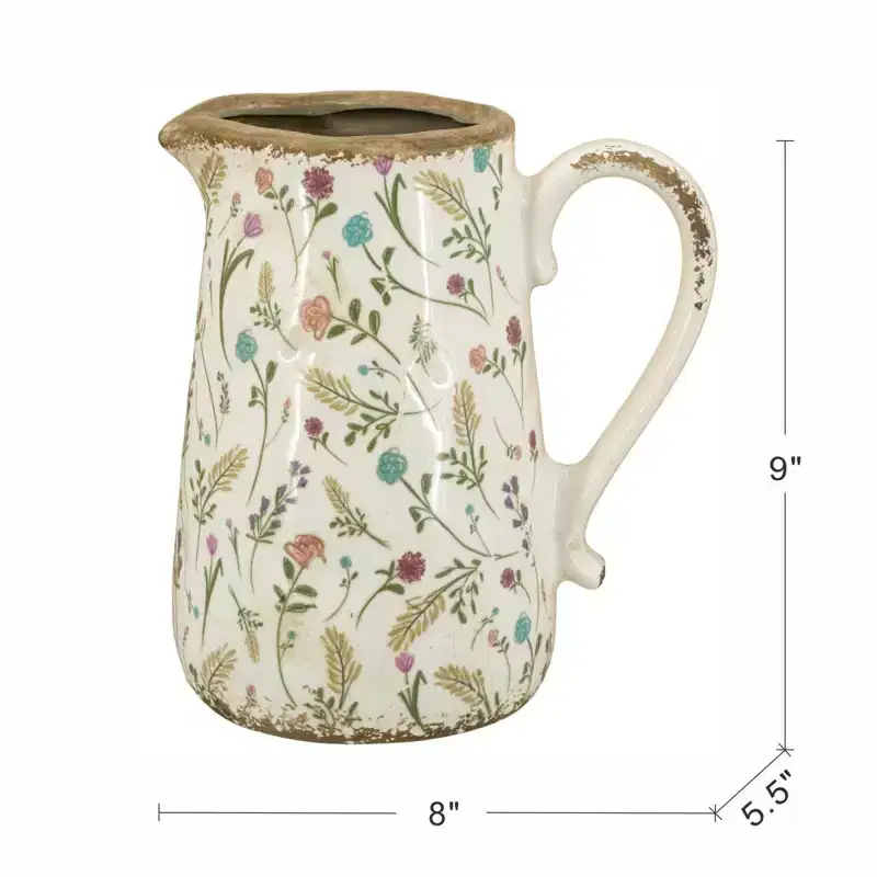 NAYSAYE 9 Inch Round Ceramic Pitcher Vase with Floral Motifs Rustic Farmhouse Style for Tabletop Home Decor, White, 8.1*5.7*9.1