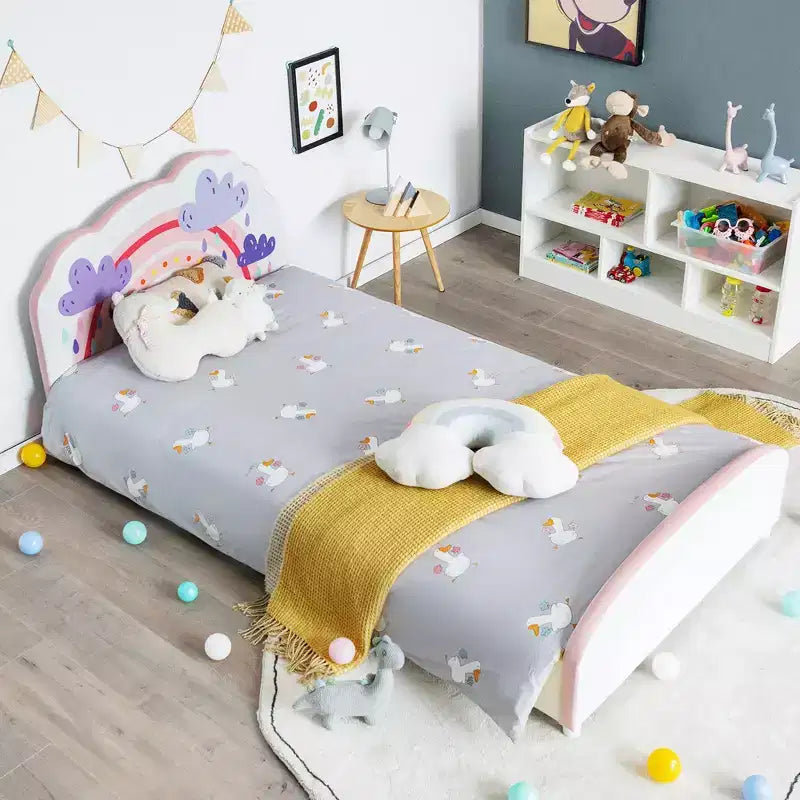 Kids Upholstered Platform Bed, Children Twin Size Wooden Bed with Rainbow Pattern