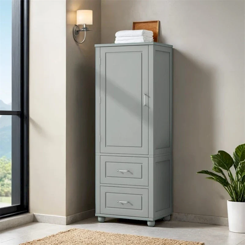 Freestanding Tall Bathroom Storage Cabinet with Drawers and Adjustable Shelves, Grey and Black