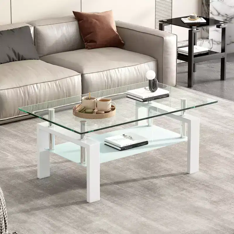 Tempered Glass Coffee Table with Metal Frame, 2-Tier Rectangular Center Table for Living Room
