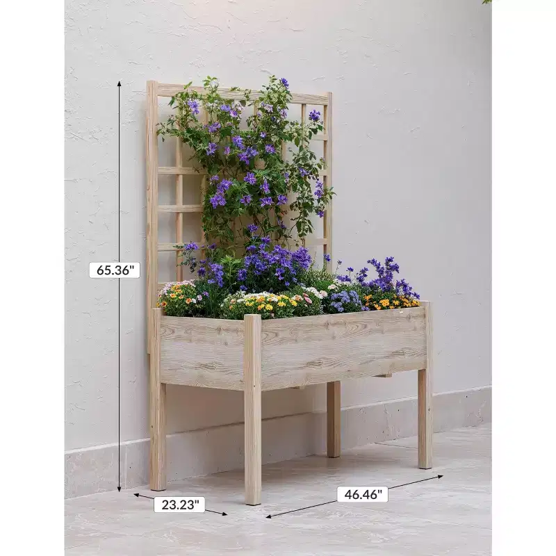 COZONY 65 Elevated Wooden Raised Garden Bed, w/Trellis & Stand, Large Outdoor Planter Box w/Waterproof Liner