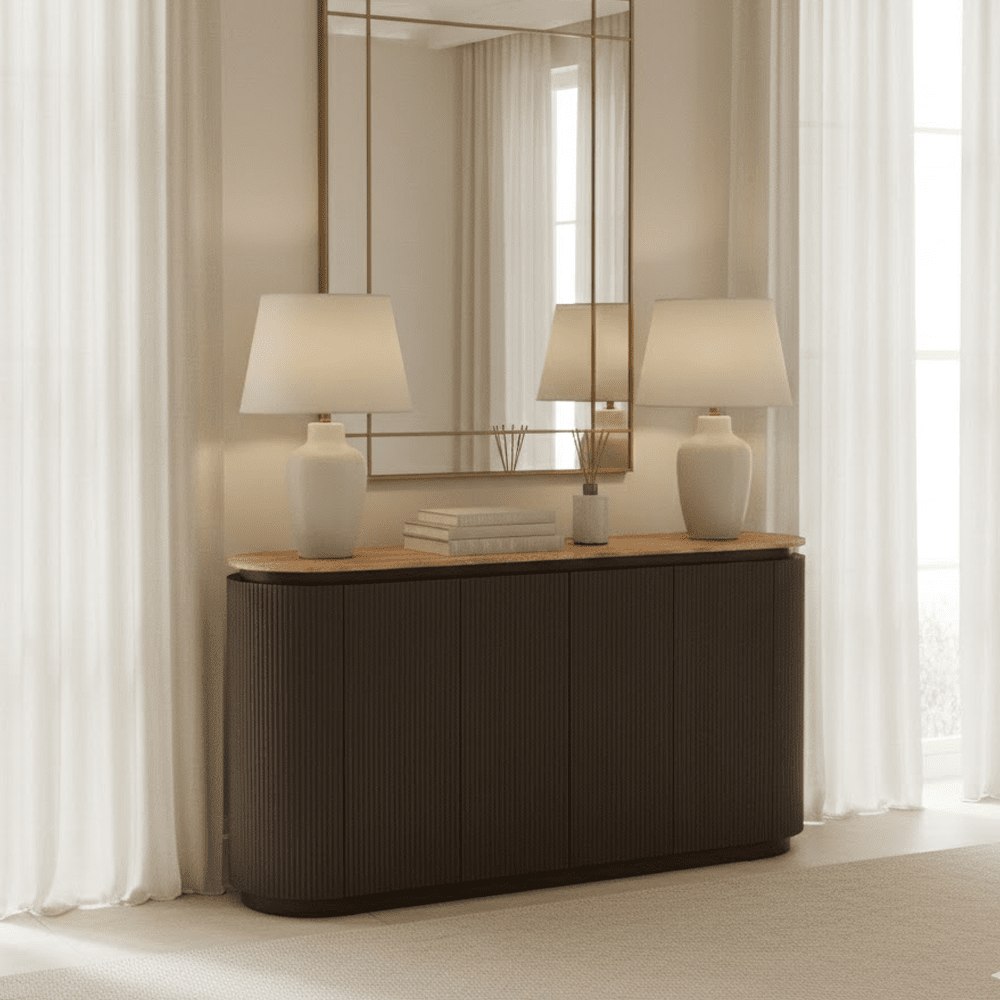 Brown Ribbed Sideboard with Travertine Top