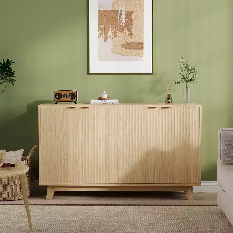 Modern Fluted Wood Sideboard Buffet Cabinet Set  4 Doors, Adjustable Shelves, Versatile Storage Credenza for Living Room, Dining Room, Entryway