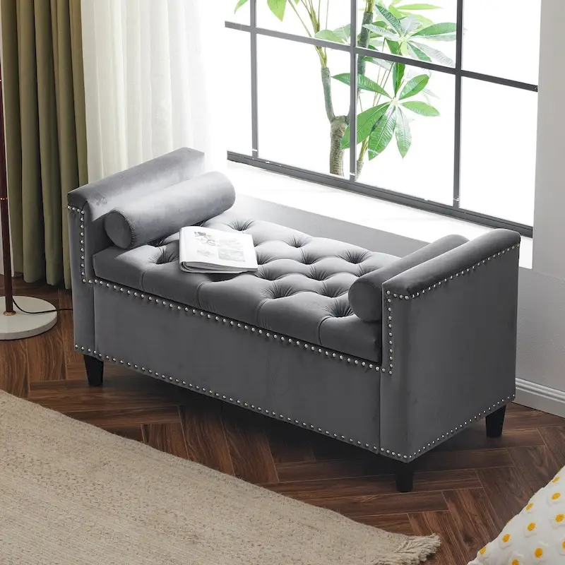 Upholstered Storage Bench with Armrests for Living Room Entryway