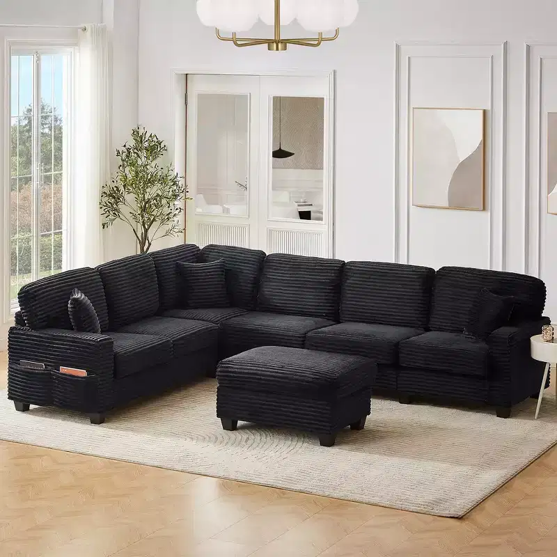 Whisen Corduroy Sectional Sofa with a Movable Ottoman and Side Storage Pockets