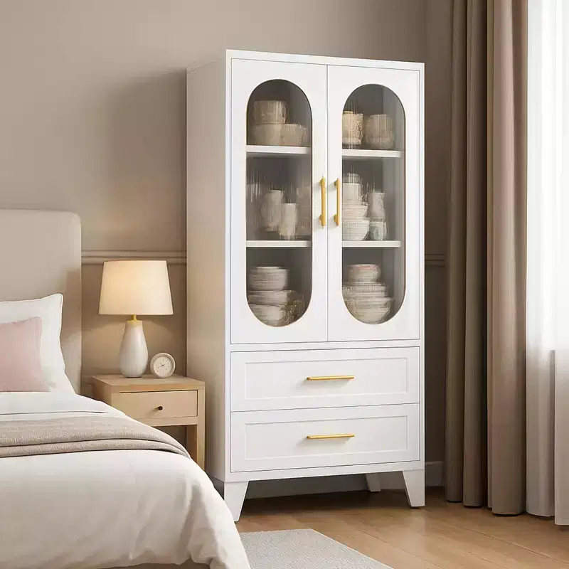 73 Tall Pantry Cabinet with Glass Doors & 2 Drawers, Modern Wooden Storage Cabinet for Kitchen/Living Room, White