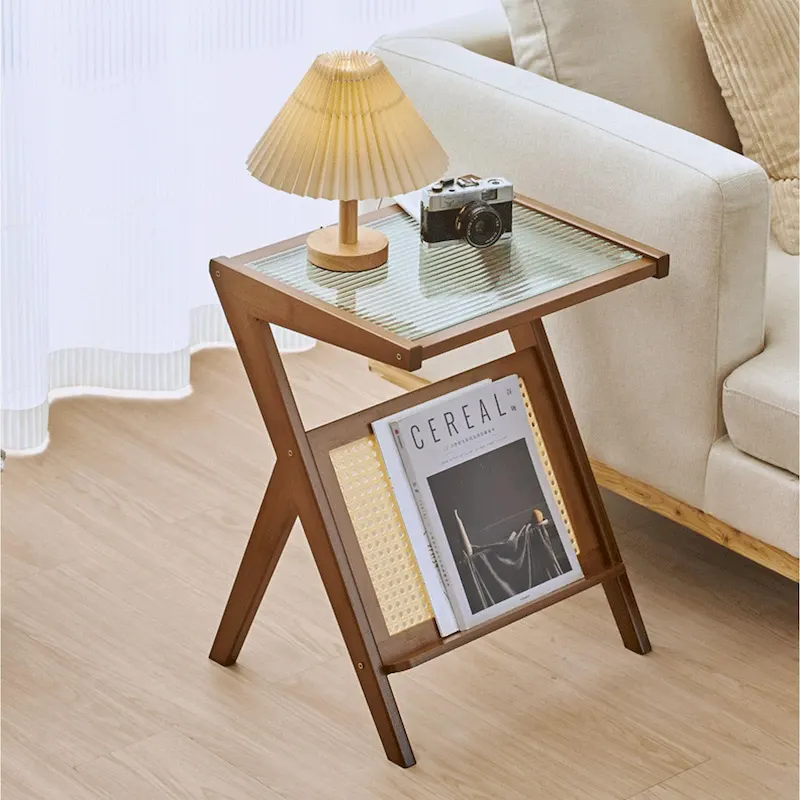 Bamboo Glass Top Side Table Accent End Table with Magazine Rack