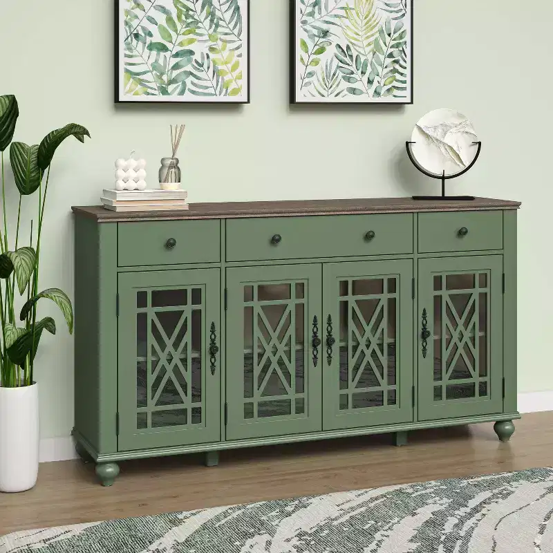 63" Vintage Style Buffet Sideboard Cabinet with Drawers, Green