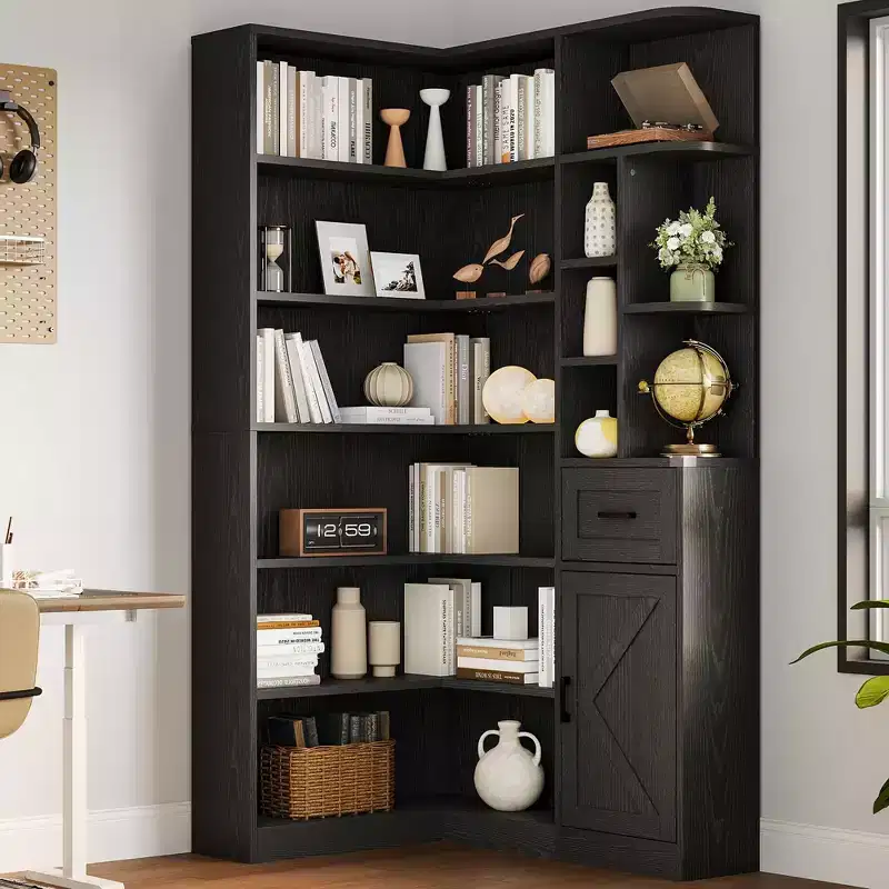 6-Tier L-Shaped Corner Bookcase with Open Shelves and Storage Drawer