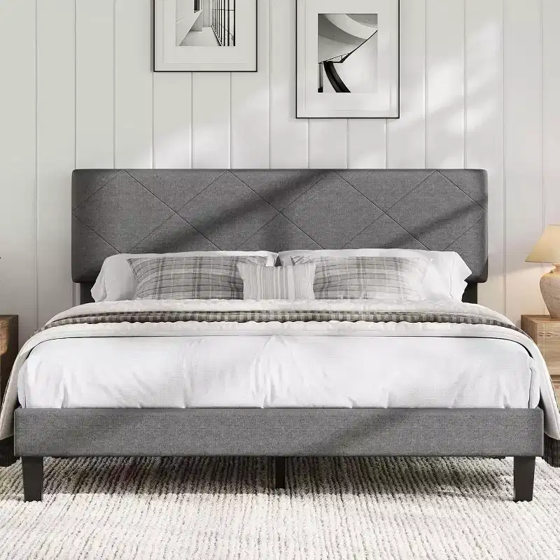 King Size Bed Frame with Upholstered Headboard, King Size Platform Bed Frame with Wooden Slat Support, No Box Spring Needed & Noise Free
