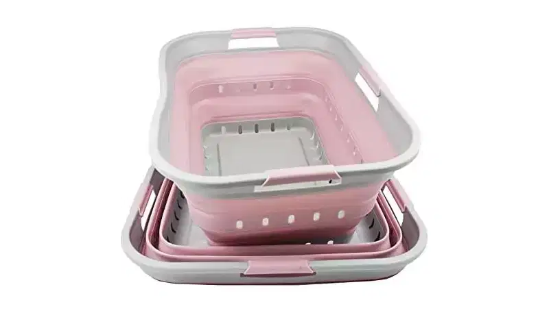 SAMMART 42L (11 gallons) Collapsible Plastic Laundry Basket Set of 2, Grey/Pale Pink