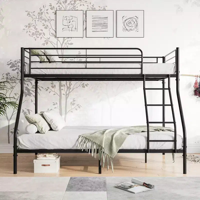 Twin-Over-Full Metal Bunk Bed with Guardrail and Inclined Ladder