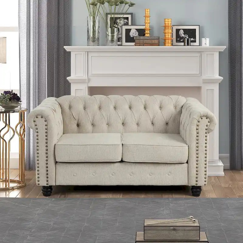 Morden Fort Linen Chesterfield Loveseat with Button Tufted, Nailhead and Solid Wood Legs for Living Room