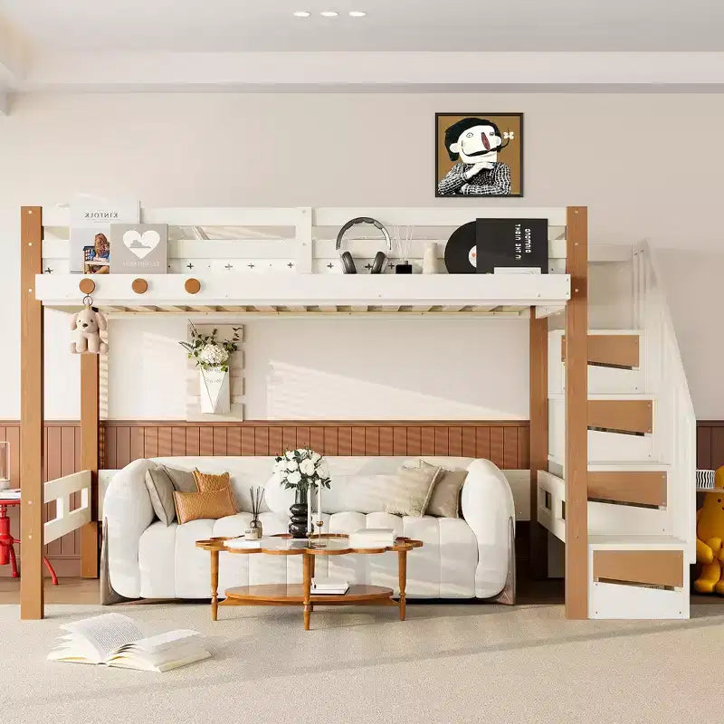 Modern Loft Bed with Storage Shelves, Clothes Hook and Underbed Space