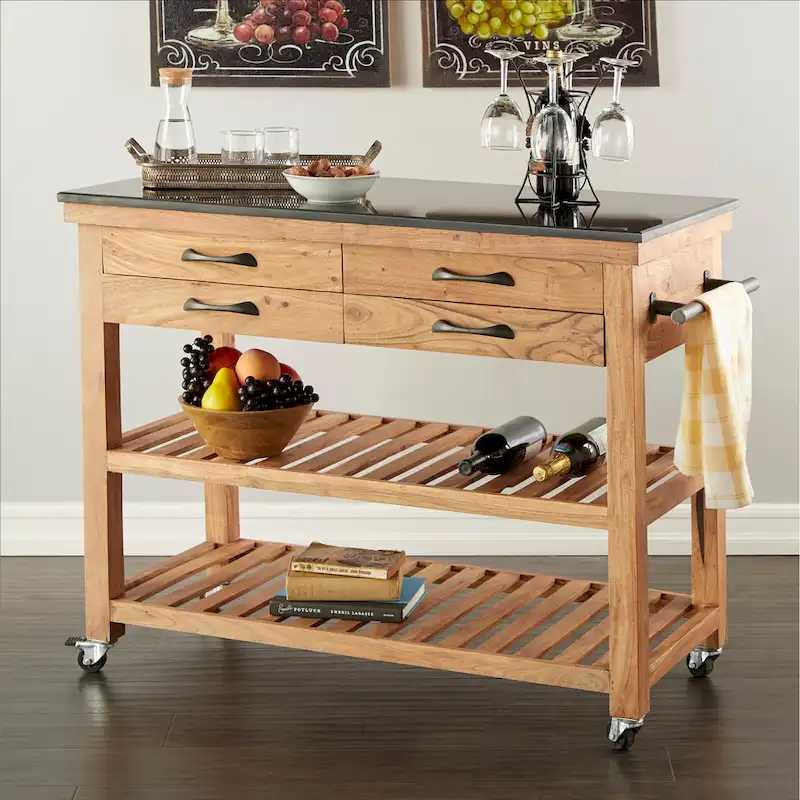Wood Rolling 4 Drawer and 2 Shelf Kitchen Cart with Black Metal Handles and Marble Top - Brown - Roche River Decor