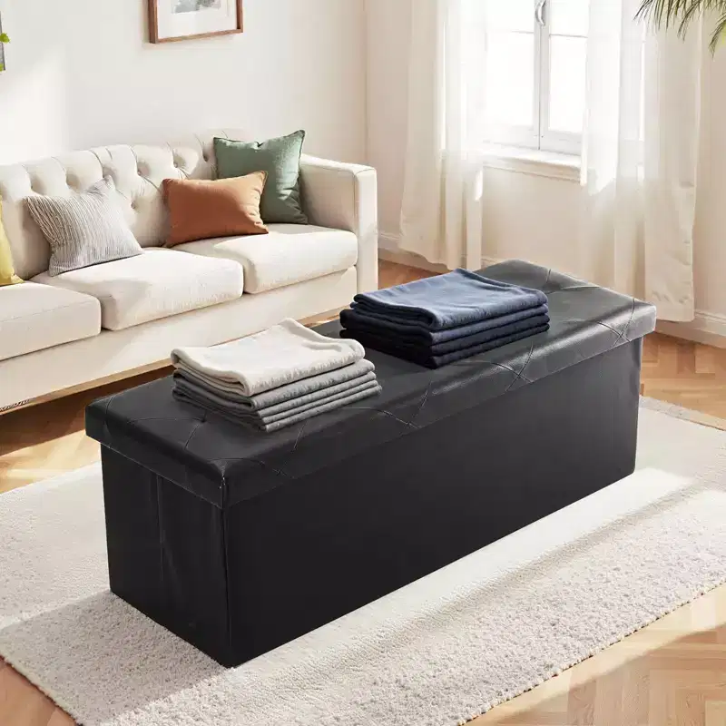 Foldable Storage Ottoman Bench, Foot Rest Stool with Thicker Foam Padded Seat, Faux Leather Storage Chest for Entryway, Living Room, Bedroom