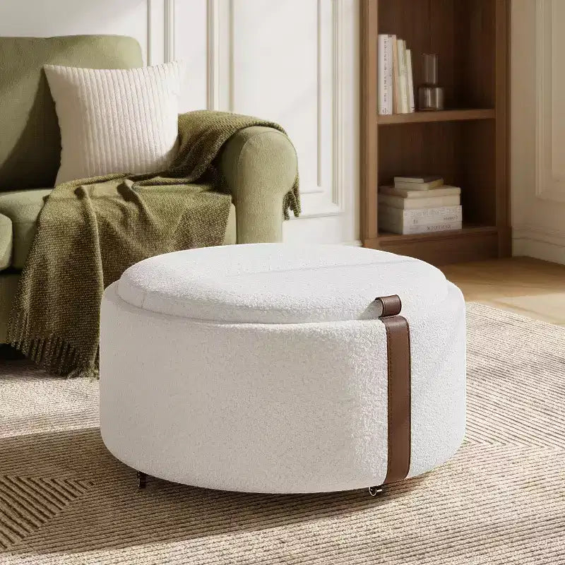 Round Storage Ottoman with Casters and Reversible Tray Lids