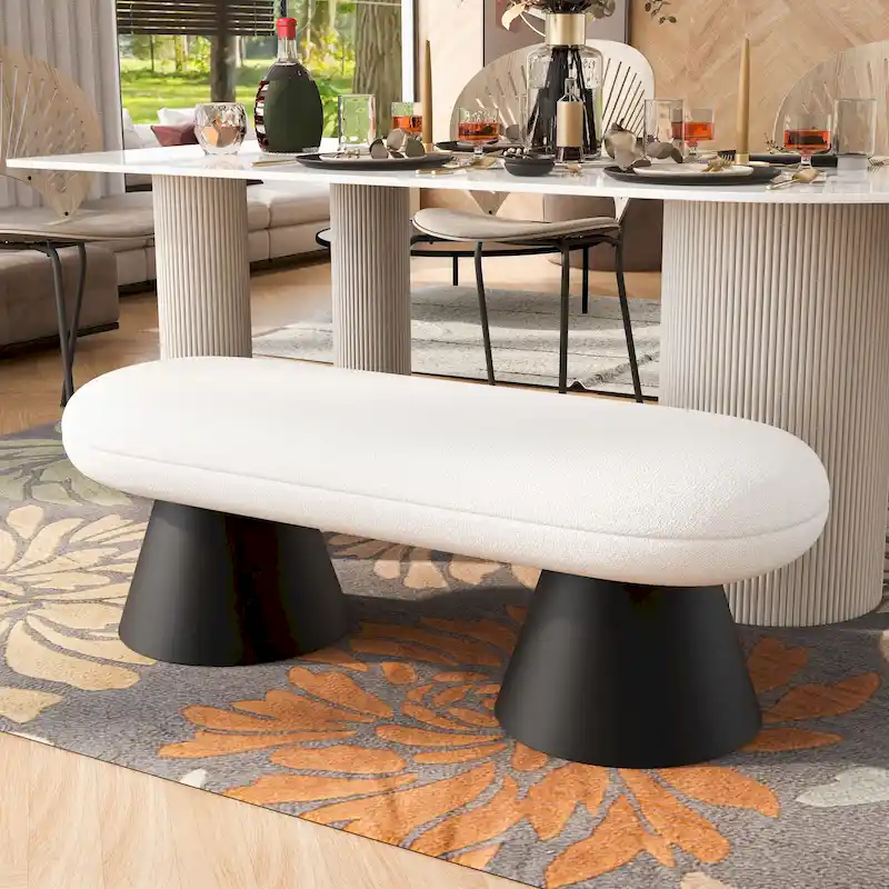 Upholstered Dining Bench with Black Iron Legs