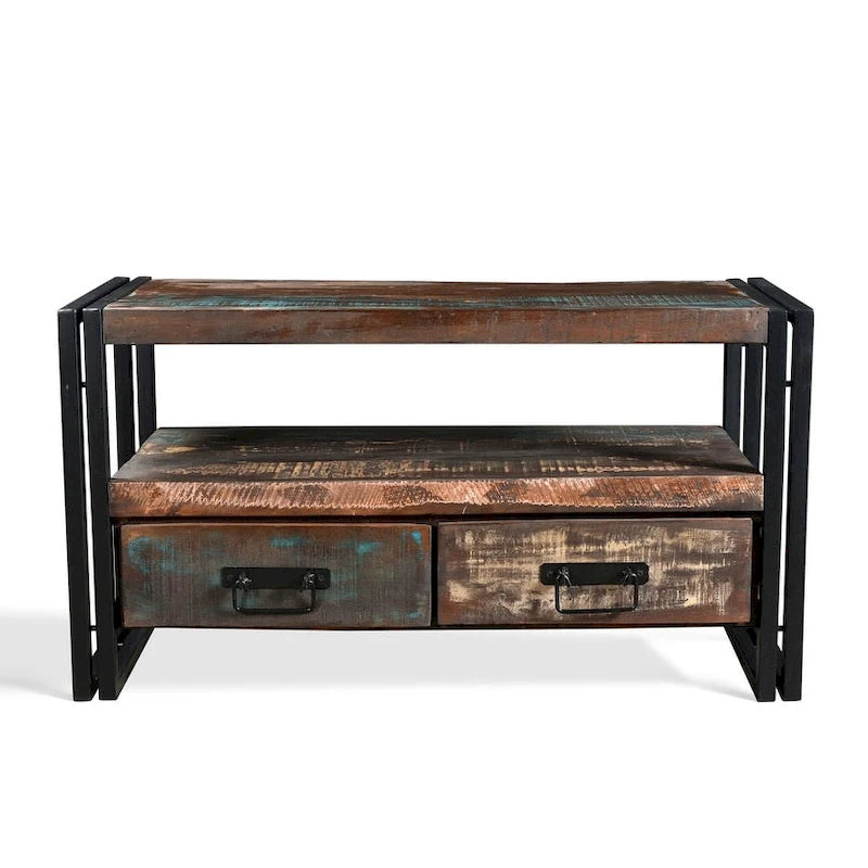 Handmade Old Reclaimed Wood TV Cabinet with Double Drawers (India) - 41 x 15.75 x 23.5