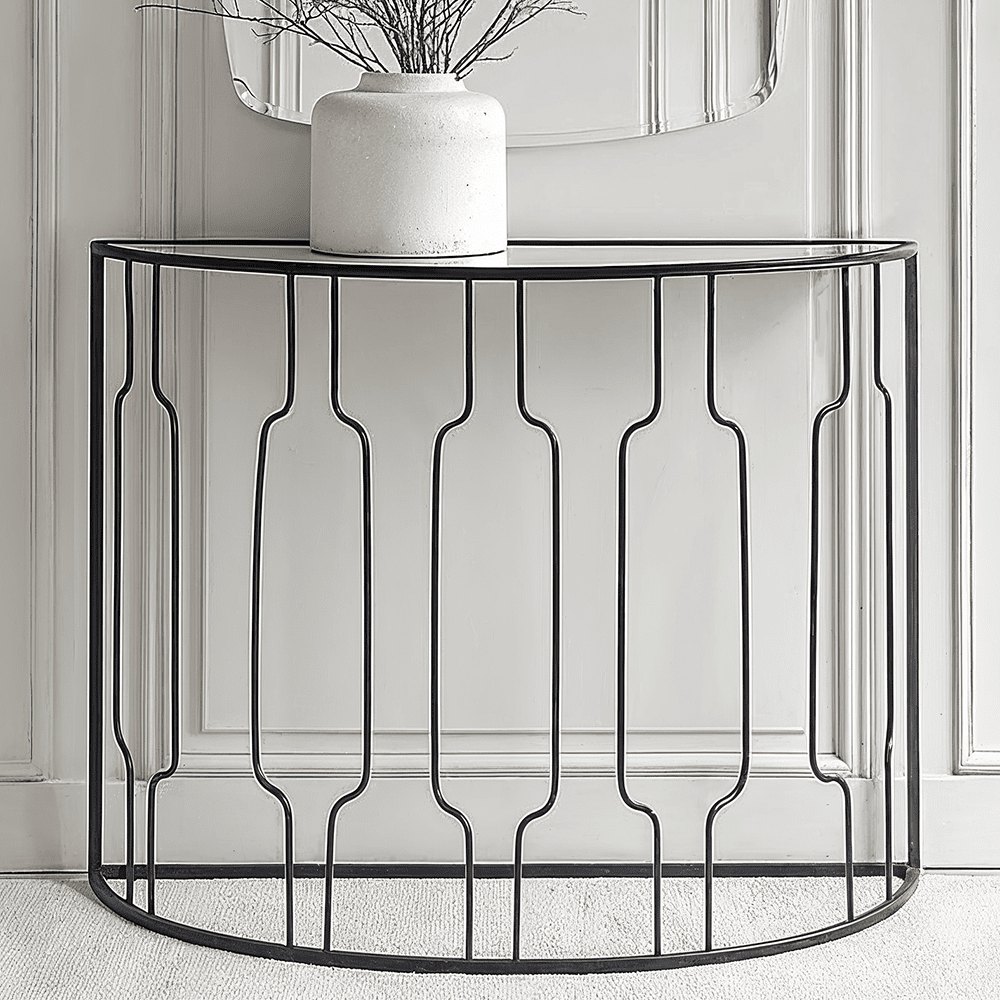 Black Metal Half Moon Console Table with Mirrored Top