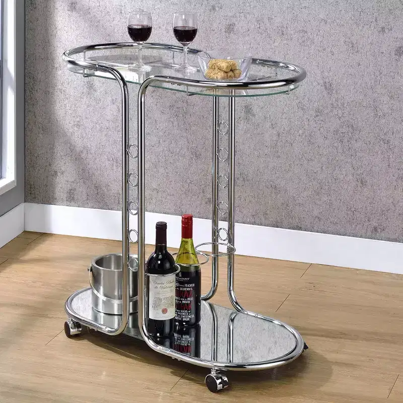 24/7 Shop At Home Kentrik Glass Top Serving Cart Chrome: Modern Tea Cart with Mirror Finish, Fixed Shelves