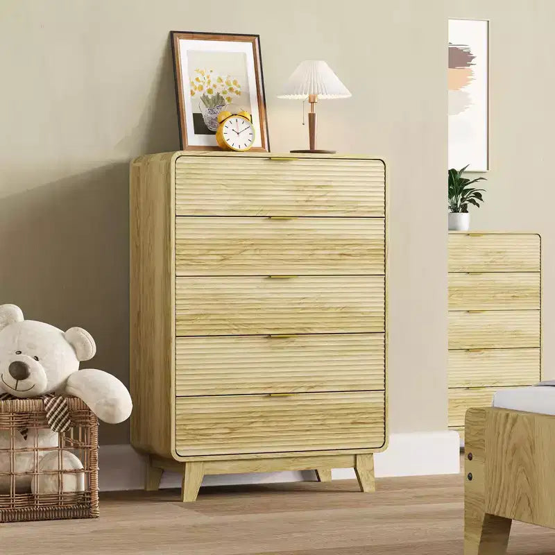 Wooden 5-Drawer Dresser with Gold-Tone Handles & Curved Silhouette, Contemporary Display Cabinet with Wood Legs for Living Room, Bedroom & Entryway