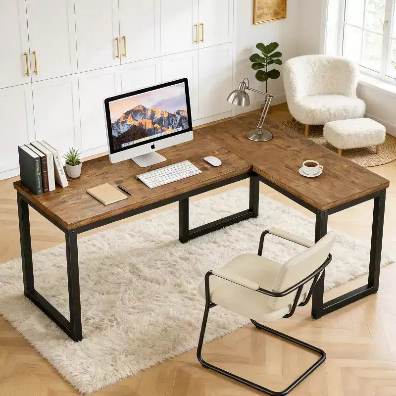 66-Inch L-Shaped Corner Computer Desk with Extra-Thick Desktop and Heavy-Duty Metal Frame, Rustic Brown