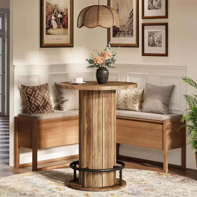 Lantine Round Bar Height Dining Table with Wood Strip Base and Footrest, Brown, Ideal for Dining Room, Restaurant, Cafe, etc. (Only Table)
