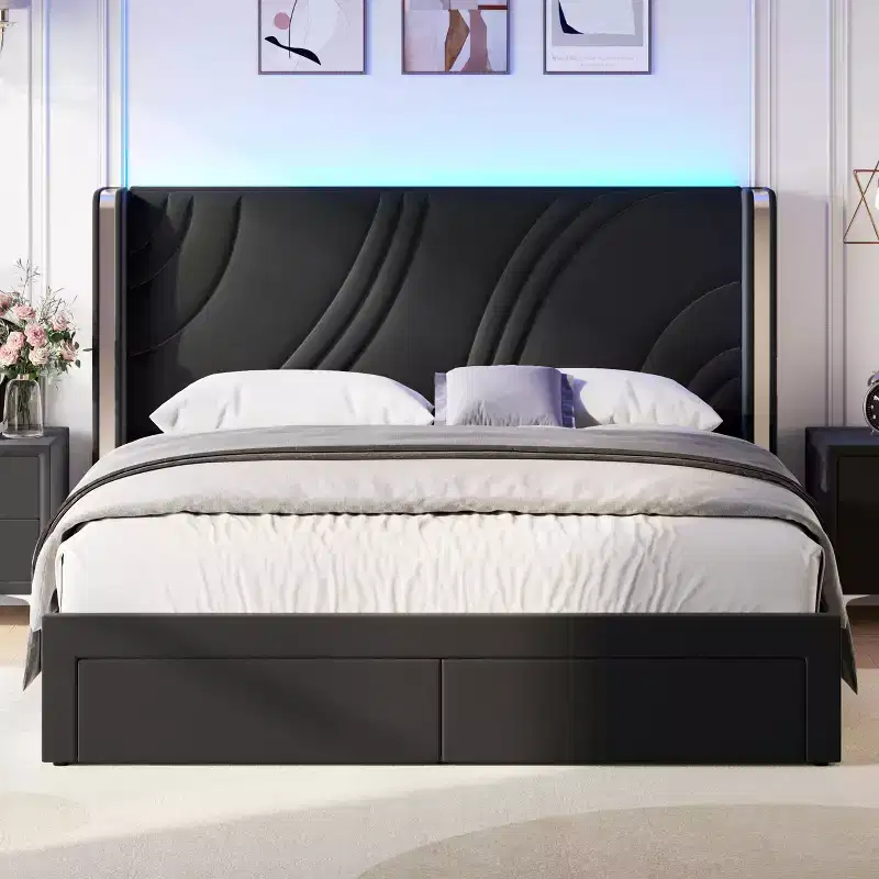 Modern Upholstered LED Bed Frame with Storage Drawers