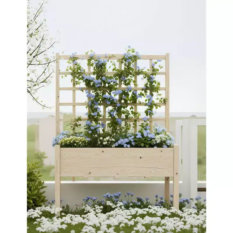 COZONY 65 Elevated Wooden Raised Garden Bed, w/Trellis & Stand, Large Outdoor Planter Box w/Waterproof Liner