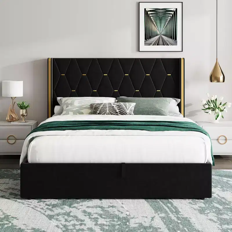 Queen Size Velvet Lift Up Storage Bed Frame, Hydrualic Underneath Storage, Upholstered Platform Bed, Wooden Slats Support, No Box Spring Needed