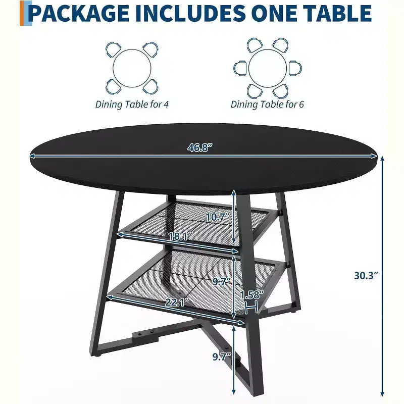 Round Dining Table for 4, 47 Inch Kitchen Table with Storage Shelf, High Top Farmhouse Design Wood & Metal, Family Dining Table for 4-6 People