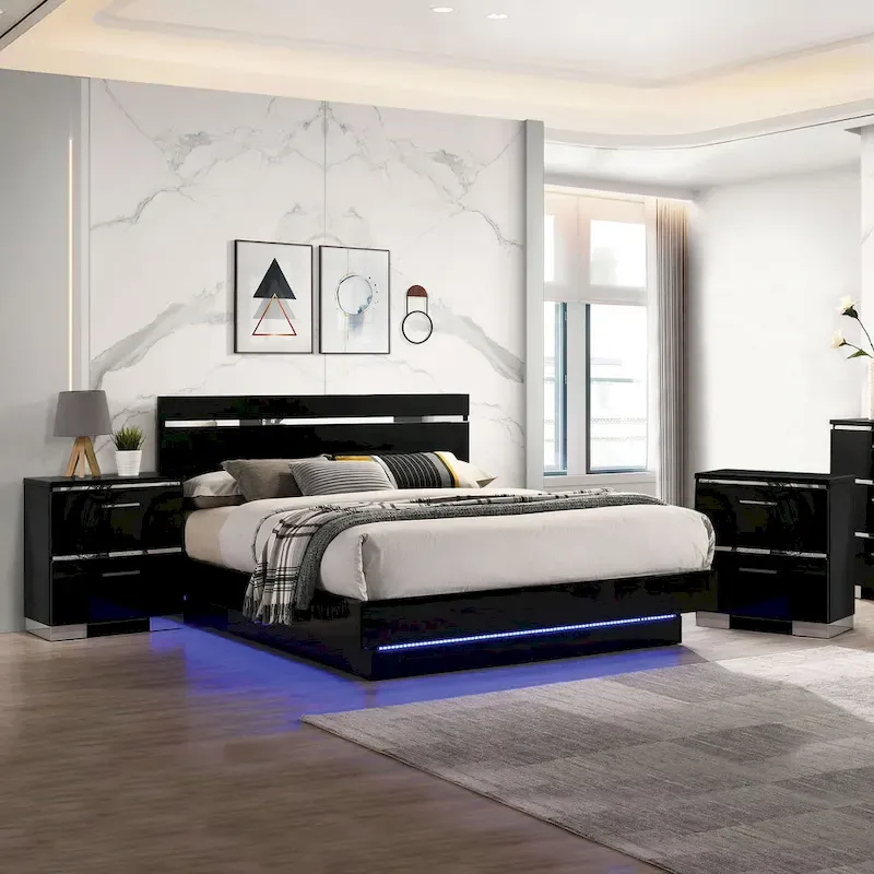 Benvolio Contemporary Black Wood LED 3-Piece Panel Bed with 2 Nightstands Set with USB Port by Furniture of America