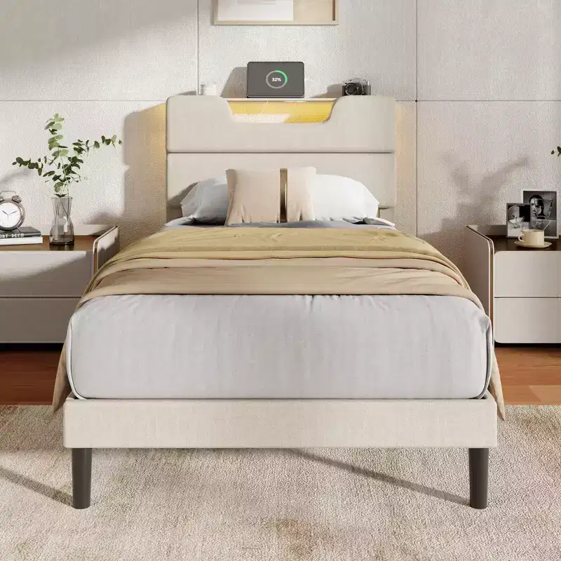 Twin Size Metal Platform Bed Frame Upholstered Headboard LED Lights Charging Station Heavy Duty Support No Box Spring Needed Bedroom USB