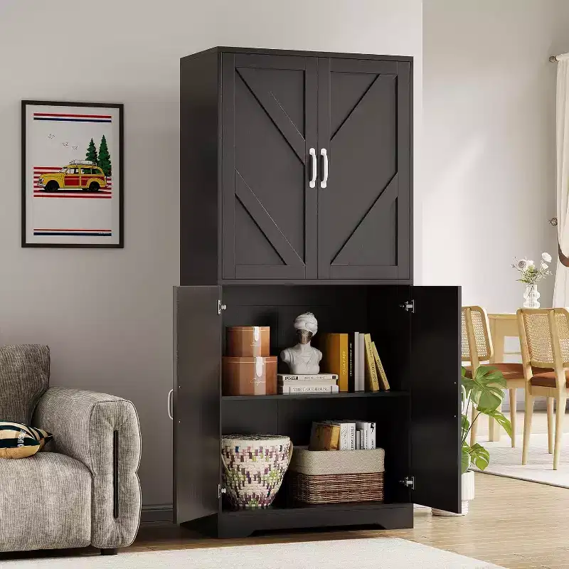 69 Farmhouse Kitchen Pantry Storage Cabinet with 4 Doors & 2 Adjustable Shelves, Freestanding Cupboard for Dining Room, Living Room, Black or White