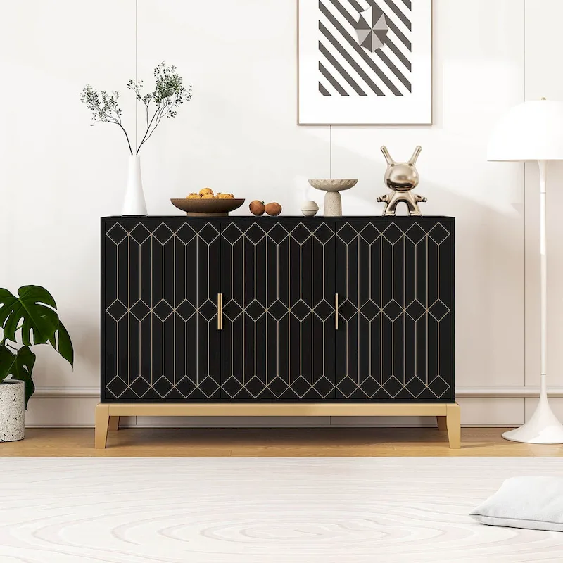 Carved Line 3 Door Storage Cabinet, Sideboard Buffet Cabinet With Adjustable Shelf, Large Storage Accent Cabinet