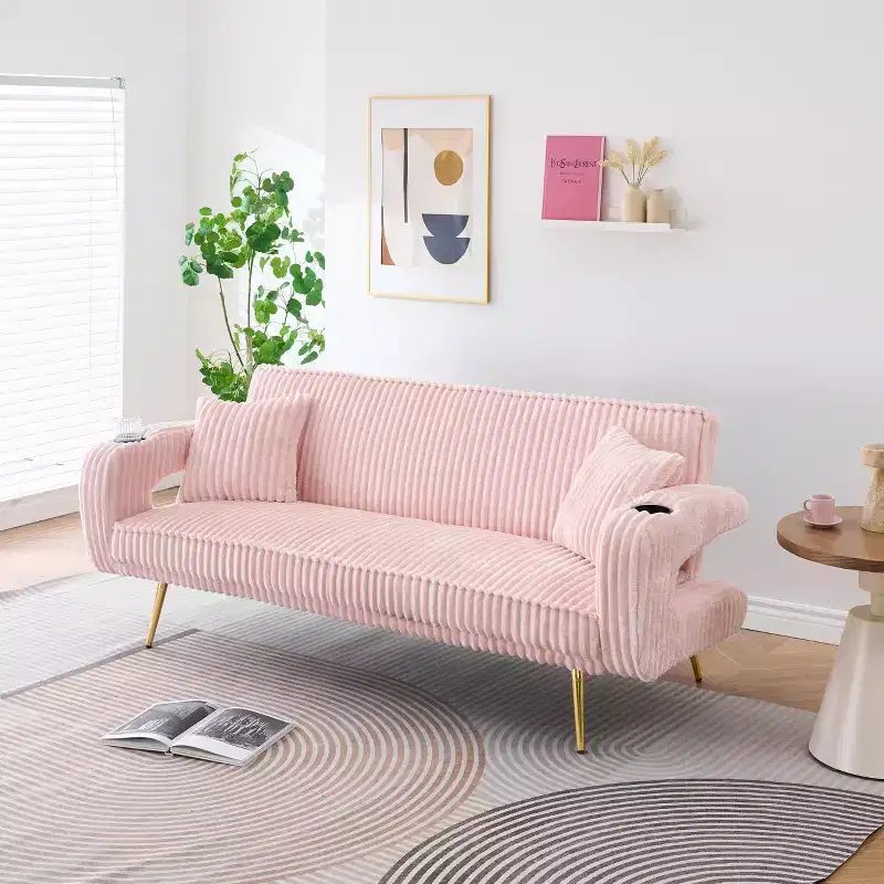 Pink Corduroy Sofa Bed, 2-Seat, Adjustable 3-Level Backrest