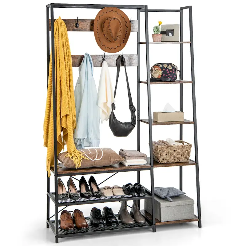 5-In-1 Entryway Coat Rack Storage Shoe Bench Freestanding